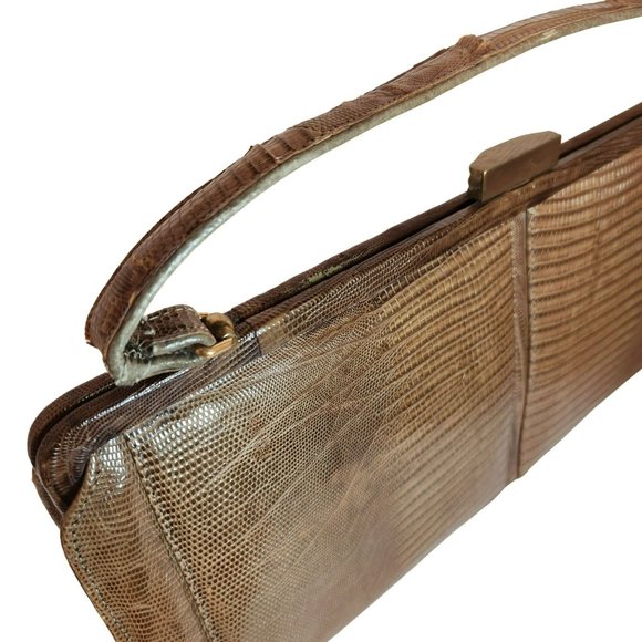 Vintage Palizzio Tegu Lizard Brown Rectangle Frame Closure 1960s Handbag - Picture 7 of 16
